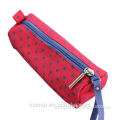 blue dot red background print canvas small zip pencil case with funny candy handle rubber